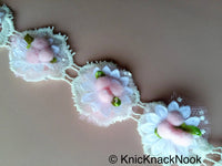 Thumbnail for Off White Cotton Embroidery And Fabric Flower Trim With Satin Green Leaves And Pink Pompom, Approx. 40mm - 200317L33