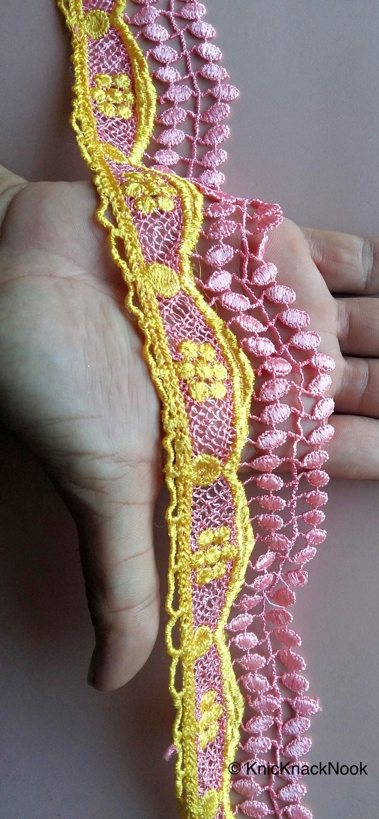 Pink And Yellow Embroidery Crochet (Cotton) Lace Trim 60mm Wide