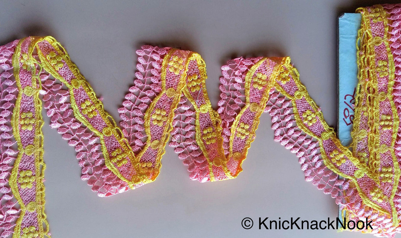 Pink And Yellow Embroidery Crochet (Cotton) Lace Trim 60mm Wide