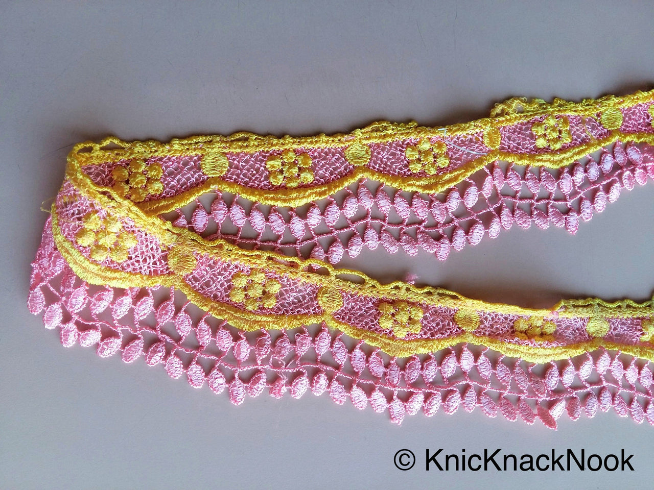 Pink And Yellow Embroidery Crochet (Cotton) Lace Trim 60mm Wide