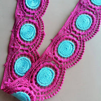 Thumbnail for Fuchsia Pink And Blue Embroidery Crochet (Cotton) Lace Trim 55mm Wide