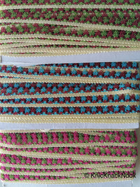 Thumbnail for Pink, Green And Beige Thread Embroidered Lace Trim, 16mm wide