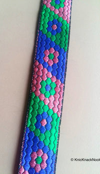Thumbnail for Pink, Blue And Green Trim With Floral Embroidery, Approx. 20mm Wide