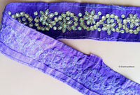 Thumbnail for Purple And Silver Thread Embroidery Kundan Work One Yard Lace Trim 40mm Wide - 200317L523