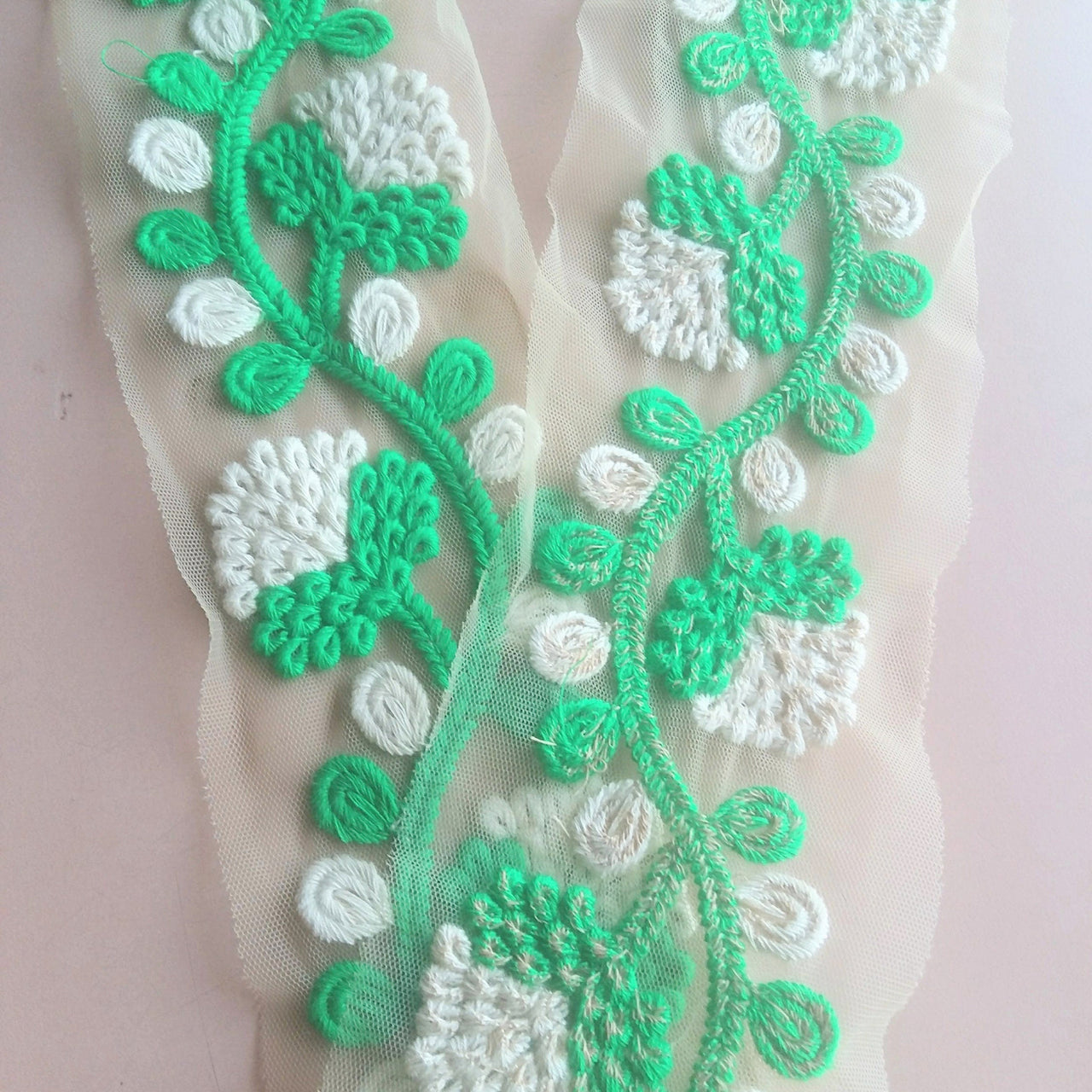 Beige Net Lace Trim With White And Coral / Yellow / Pink / Green / Black Embroidery, Approx. 85mm wide - 200317L257/58/59/60/61