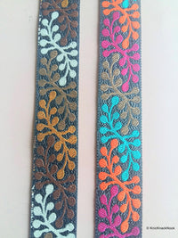 Thumbnail for Shimmer Black Fabric Trim With Orange, Gold, Green And Fuchsia Thread Embroidery - 200317L278