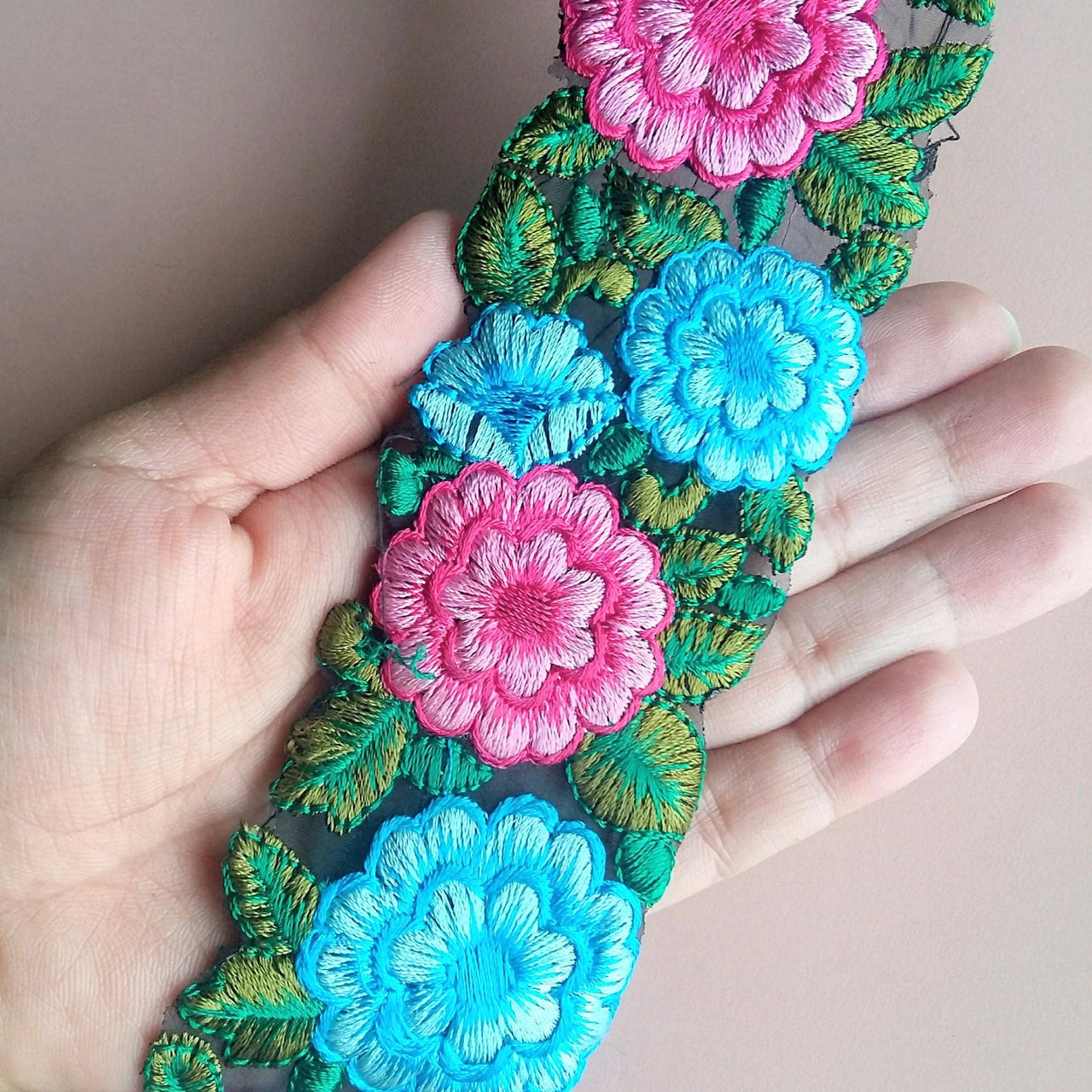 Black Fabric Trim With Pink, Blue And Green Floral Embroidery, 50mm wide - 200317L334