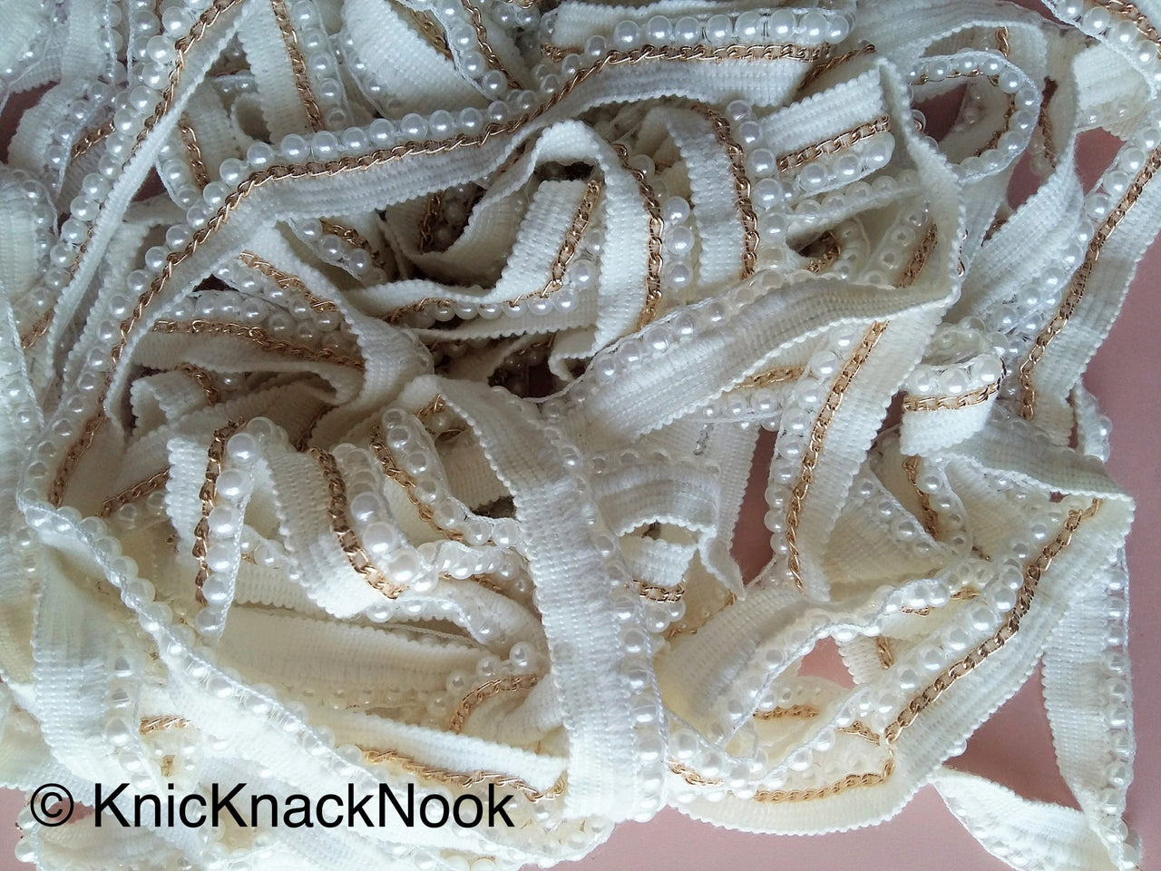 White Pearl Embellishments On White Cotton And Gold Threaded Trim, Dyeable Trim, Approx. 20 mm wide - 200317L105