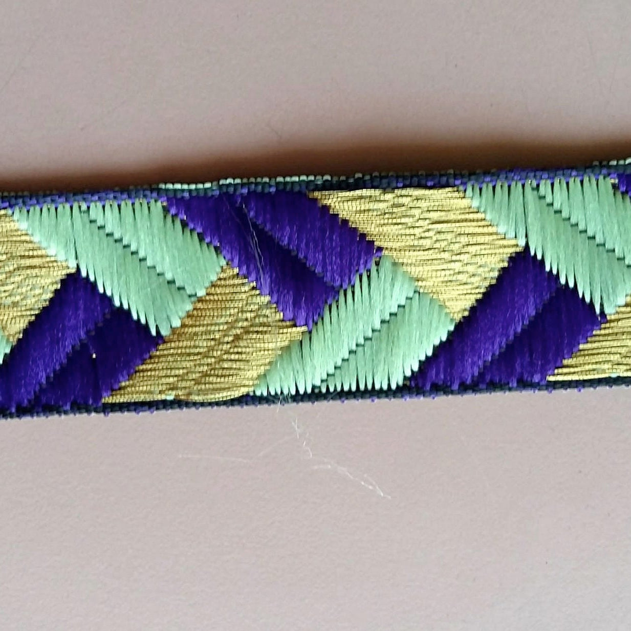 Purple / Fuchsia Pink, Green And Gold Embroidered Trim, Geometric Pattern