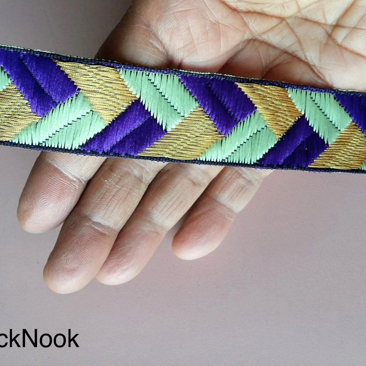 Purple / Fuchsia Pink, Green And Gold Embroidered Trim, Geometric Pattern