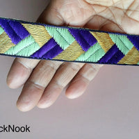 Thumbnail for Purple / Fuchsia Pink, Green And Gold Embroidered Trim, Geometric Pattern