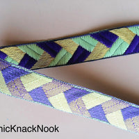 Thumbnail for Purple / Fuchsia Pink, Green And Gold Embroidered Trim, Geometric Pattern