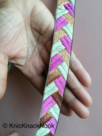 Thumbnail for Purple / Fuchsia Pink, Green And Gold Embroidered Trim, Geometric Pattern