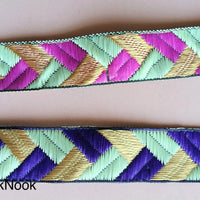 Thumbnail for Purple / Fuchsia Pink, Green And Gold Embroidered Trim, Geometric Pattern