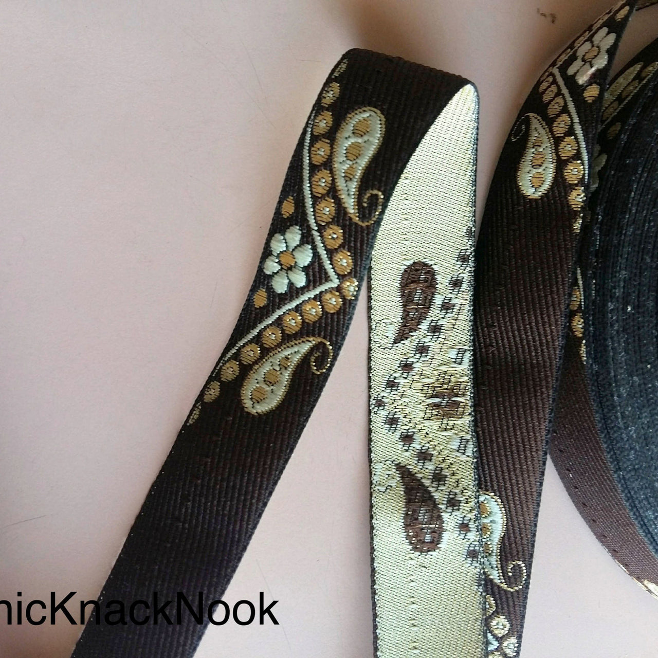 Brown, Beige And Gold Embroidered Trim, Paisley And Floral Embroidery