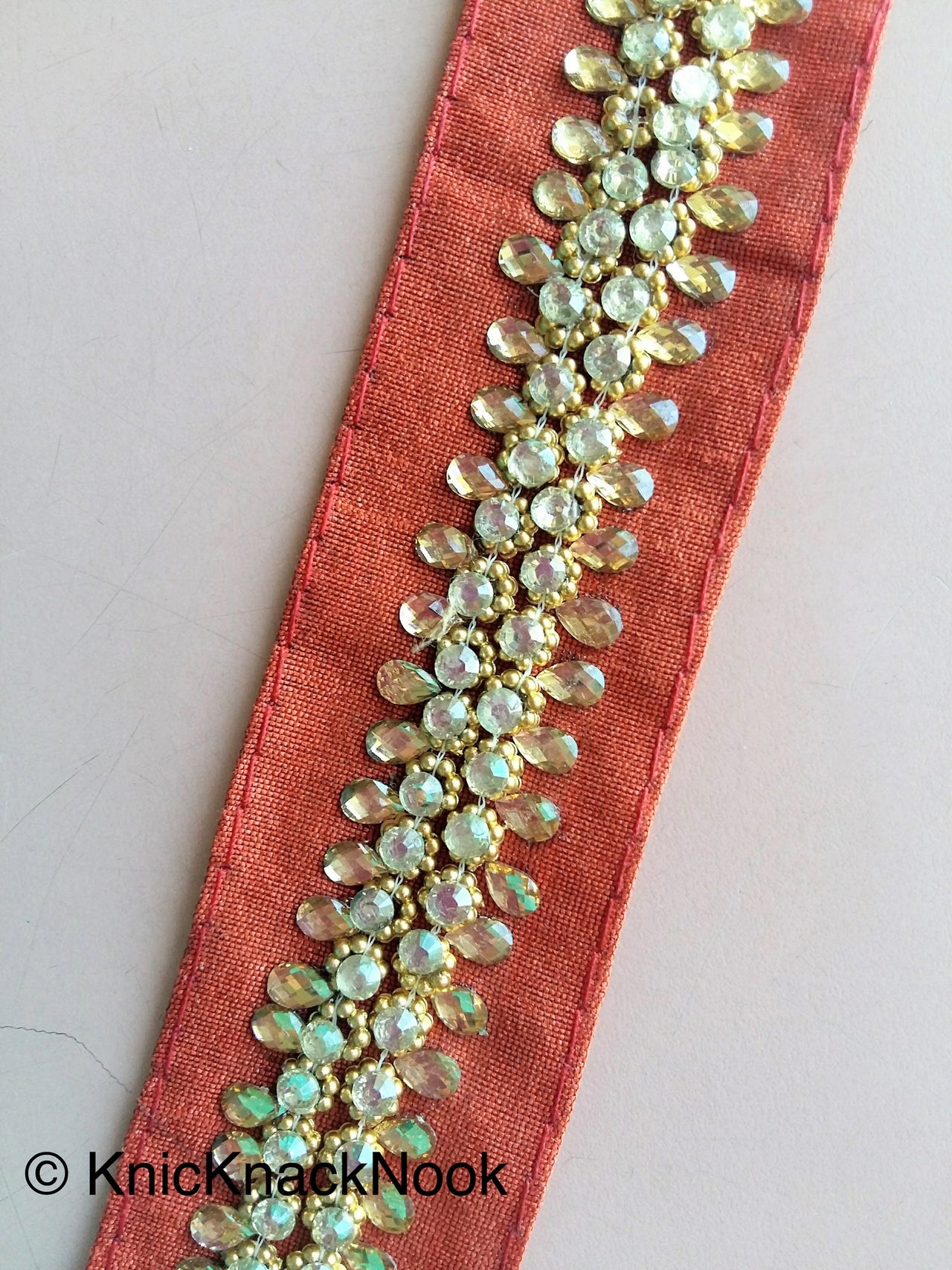 Purple / Blue / Brown Fabric Trim With Silver And Gold Kundan Beads Work, Approx. 36mm Wide - 200317L526/27/28