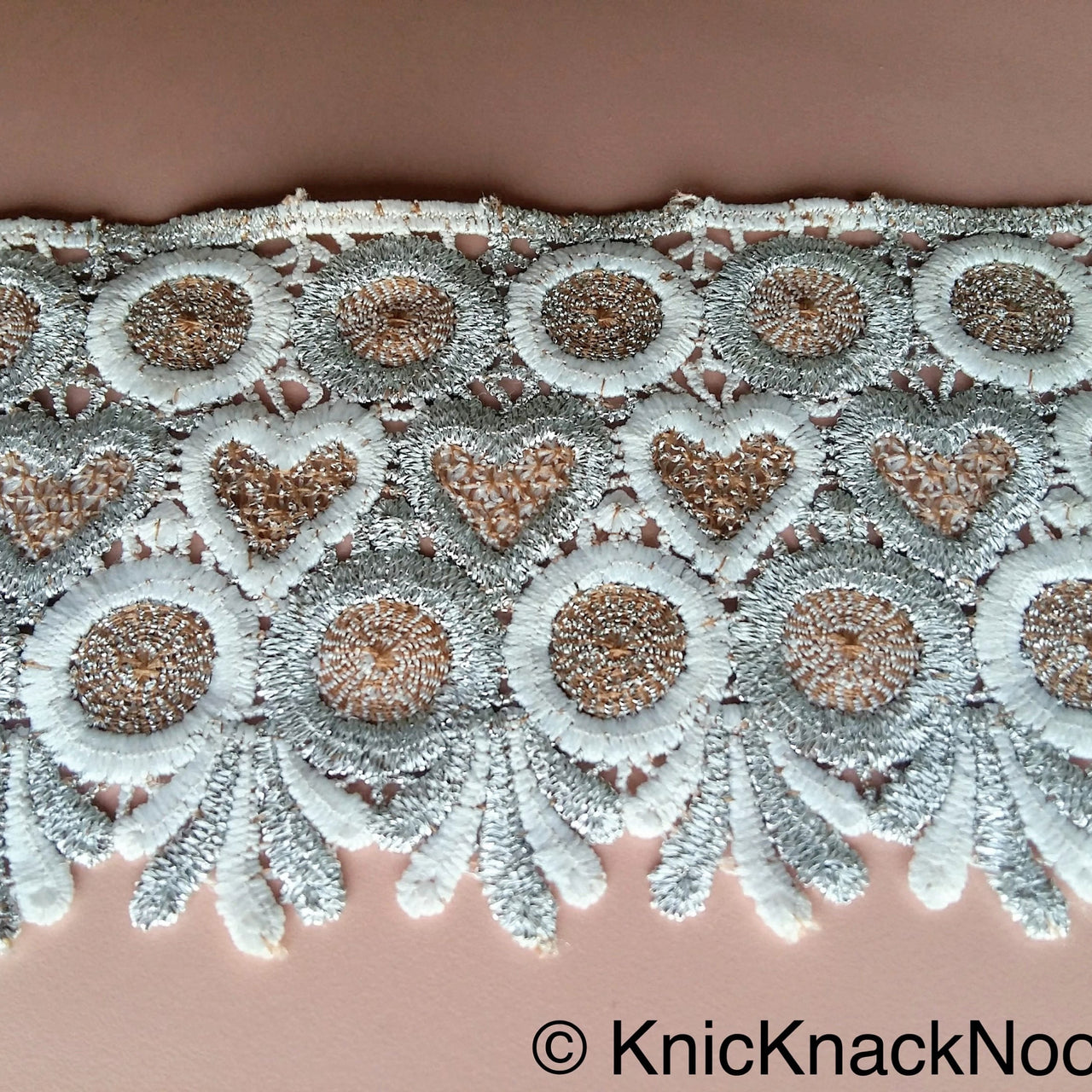 Silver, White And Brown Circle And Heart Embroidered Cotton And Shimmer Thread Zari Lace Trim, Approx. 90mm wide - 200317L79
