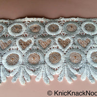 Thumbnail for Silver, White And Brown Circle And Heart Embroidered Cotton And Shimmer Thread Zari Lace Trim, Approx. 90mm wide - 200317L79