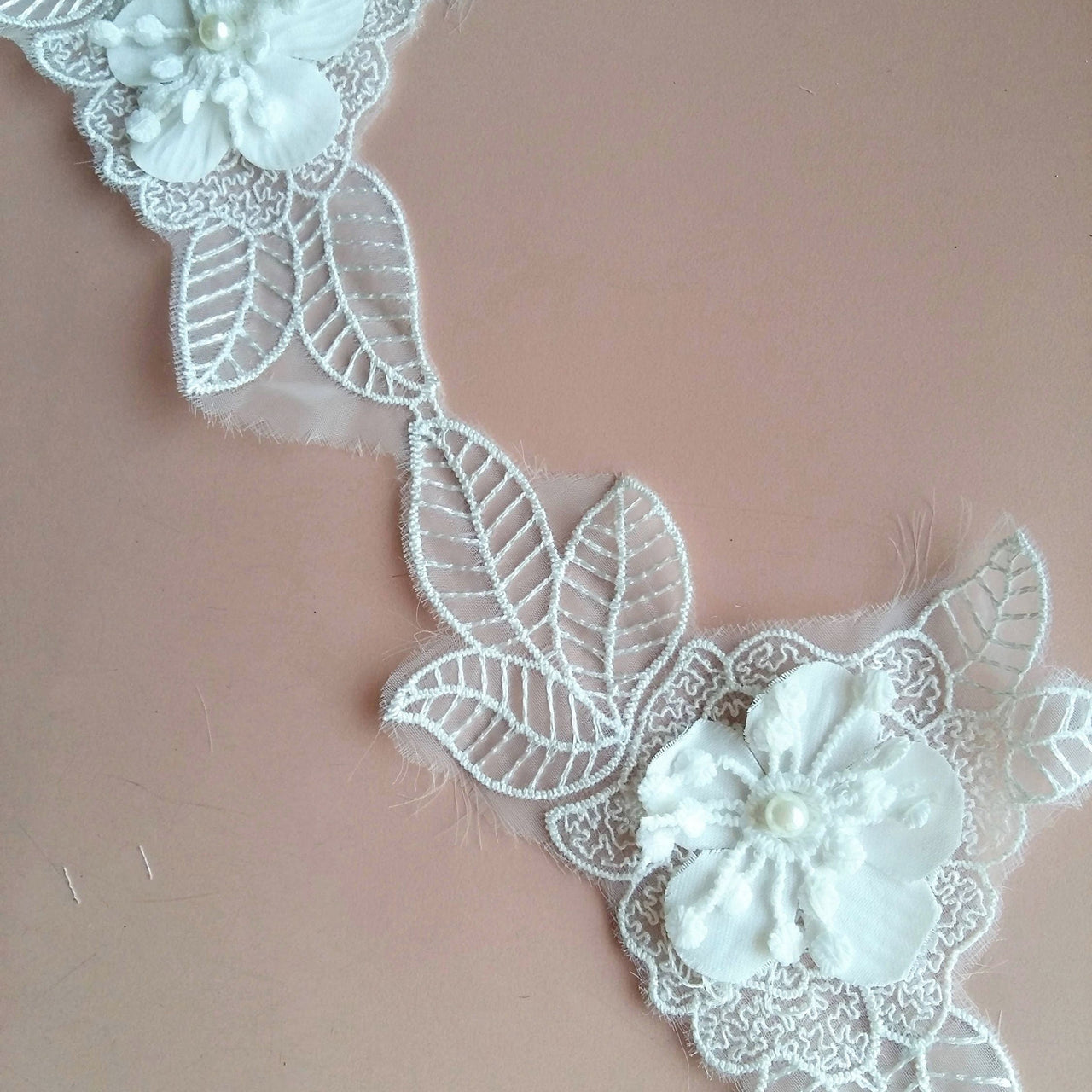 Off White Layered Flower Trim With Sheer Fabric And Crochet Embroidery With Pearl, Cotton Dyeable Trim, Approx. 10cm Wide - 200317L39