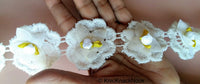 Thumbnail for Off White Cotton Embroidery And Fabric Flower Trim With Satin Green Leaves And White/Green Rose, Approx. 55mm