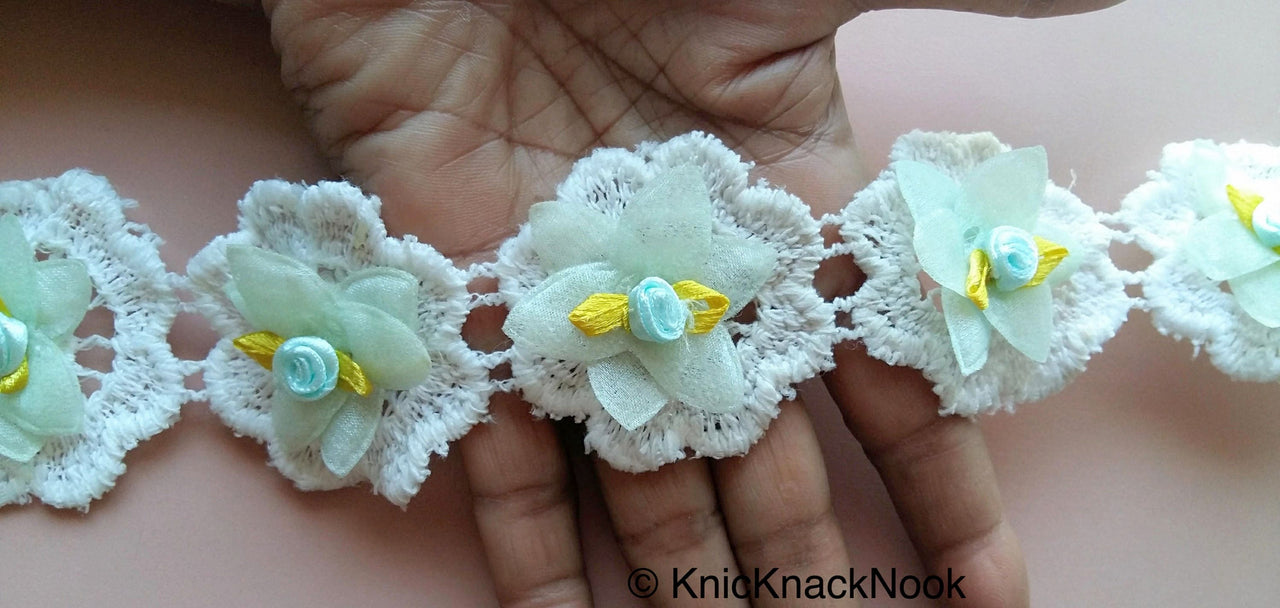Off White Cotton Embroidery And Fabric Flower Trim With Satin Green Leaves And White/Green Rose, Approx. 55mm