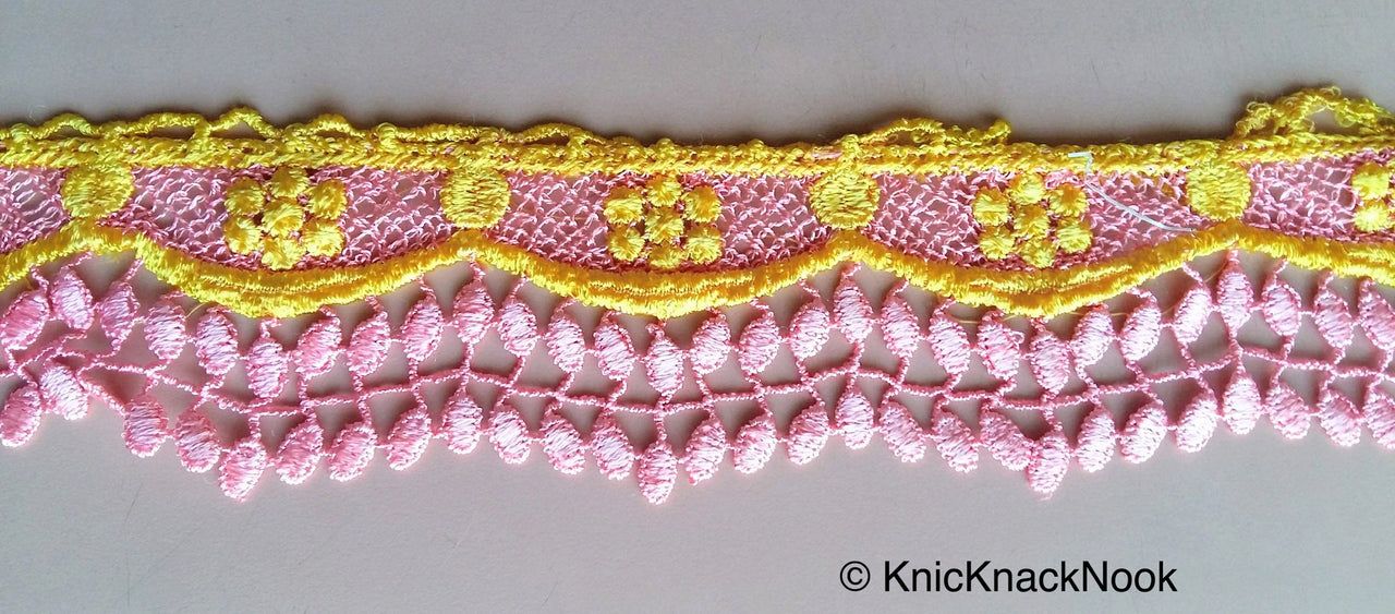 Pink And Yellow Embroidery Crochet (Cotton) Lace Trim 60mm Wide