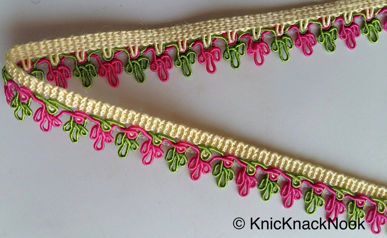 Pink, Green And Beige Thread Embroidered Lace Trim, 16mm wide