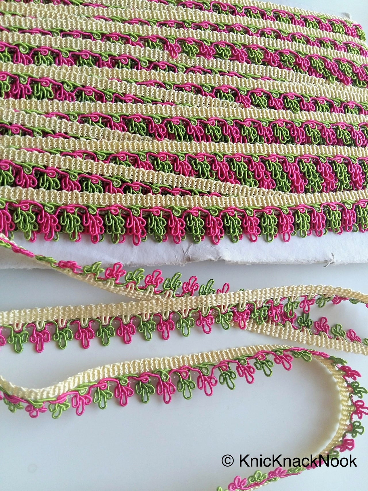 Pink, Green And Beige Thread Embroidered Lace Trim, 16mm wide