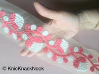 Thumbnail for Beige Net Lace Trim With White And Coral / Yellow / Pink / Green / Black Embroidery, Approx. 85mm wide - 200317L257/58/59/60/61