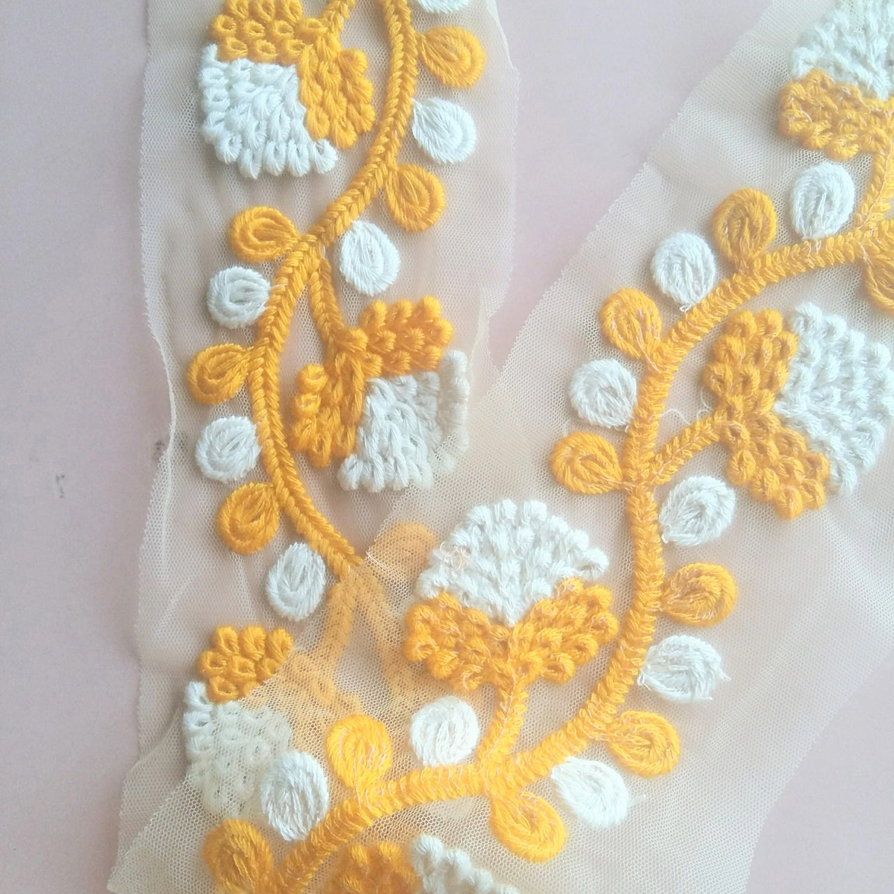 Beige Net Lace Trim With White And Coral / Yellow / Pink / Green / Black Embroidery, Approx. 85mm wide - 200317L257/58/59/60/61