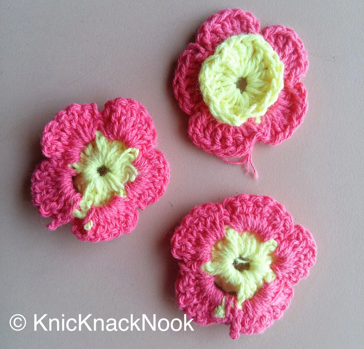 Pink And Yellow Crochet Flower Appliqué x 3 - 200317A115E