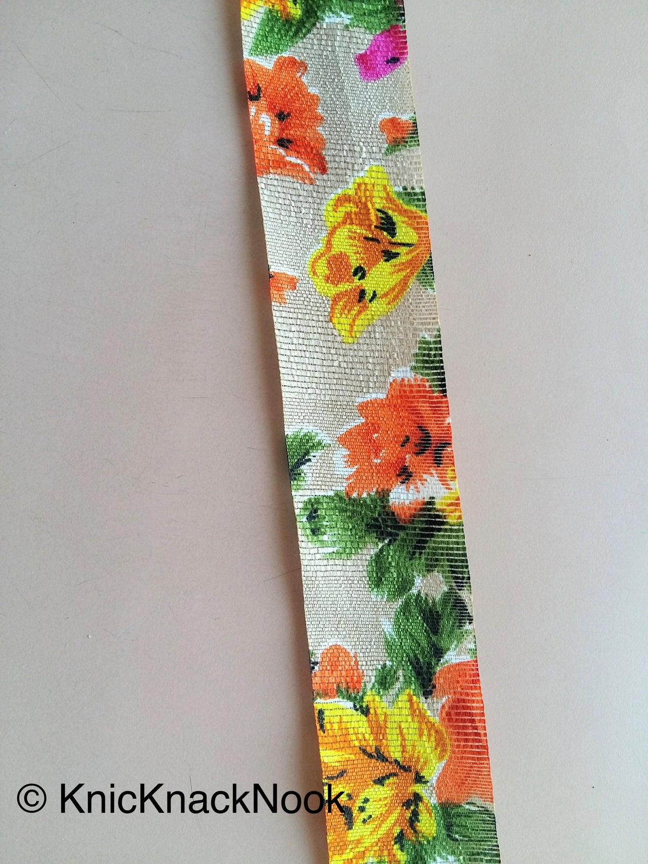 Yellow & Orange Bhagalpuri Silk Trim Floral Designs Decorative Craft Ribbon Giftwrapping Ribbon Fashion Trim Costume Trim, Trim By 4 Yards