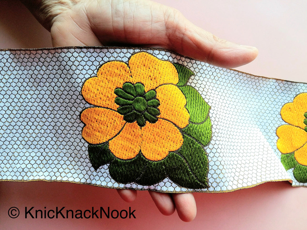 Jacquard Weave Yellow Floral Trim, Approx. 10cm Wide, Wholesale Trim By 9 Yards Border Craft Ribbon