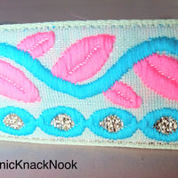 Thumbnail for Beige Trim With Pink, Blue And Gold Leaves On Vine Embroidery, Approx. 30mm Wide - 200317L124