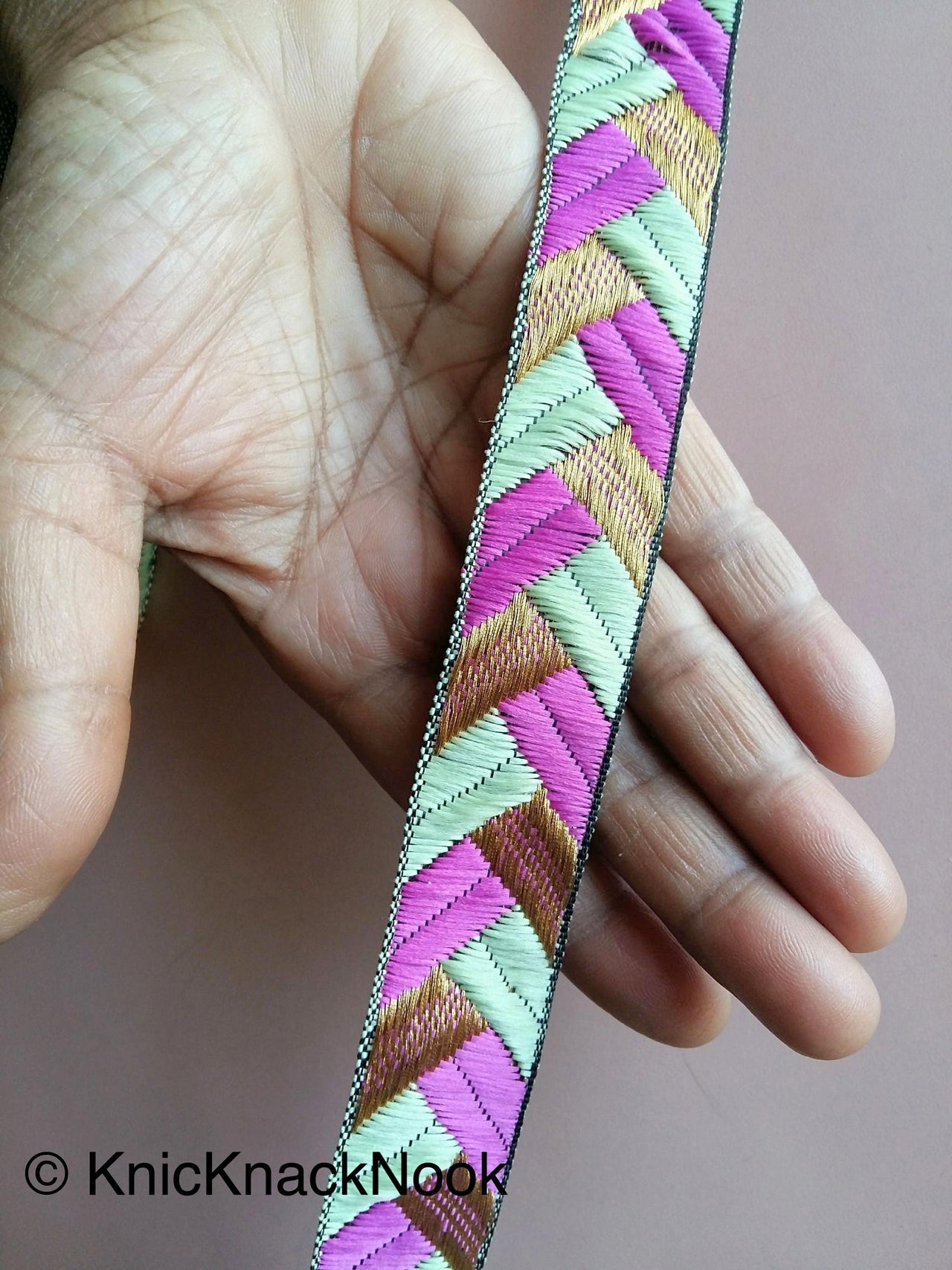 Purple / Fuchsia Pink, Green And Gold Embroidered Trim, Geometric Pattern
