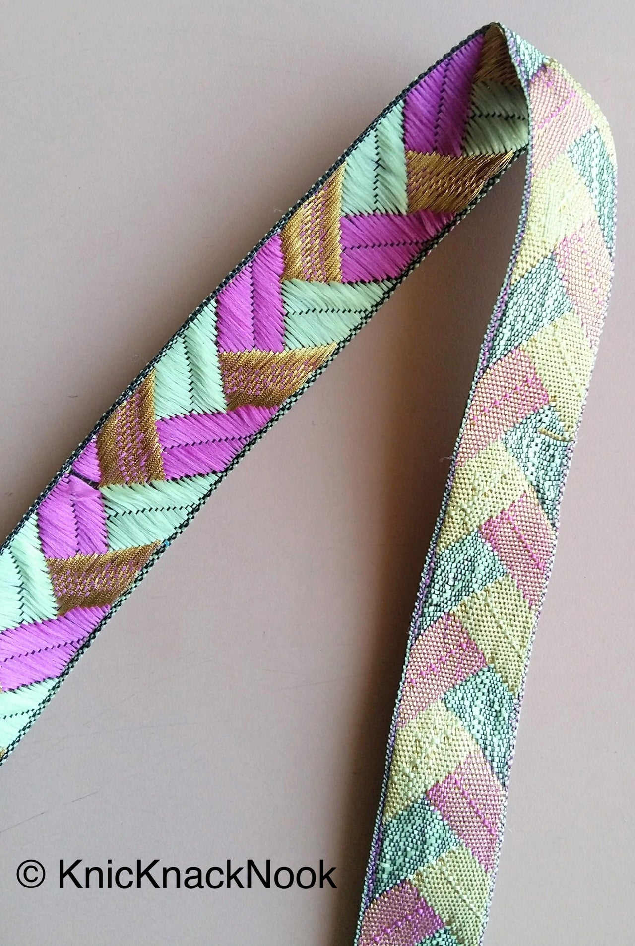 Purple / Fuchsia Pink, Green And Gold Embroidered Trim, Geometric Pattern