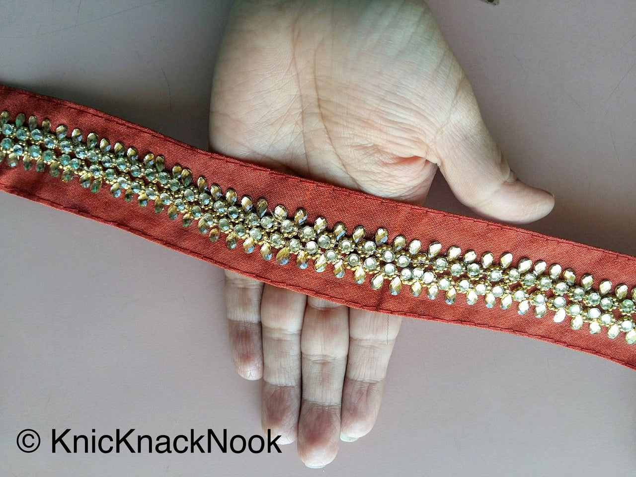 Purple / Blue / Brown Fabric Trim With Silver And Gold Kundan Beads Work, Approx. 36mm Wide - 200317L526/27/28