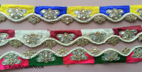 Thumbnail for Gold Sheer Fabric Trim In Blue And Yellow Embroidered Beaded Trim, Kundan Work And Pearl, Costume Trim Decorative Craft Ribbon Trim By Yard