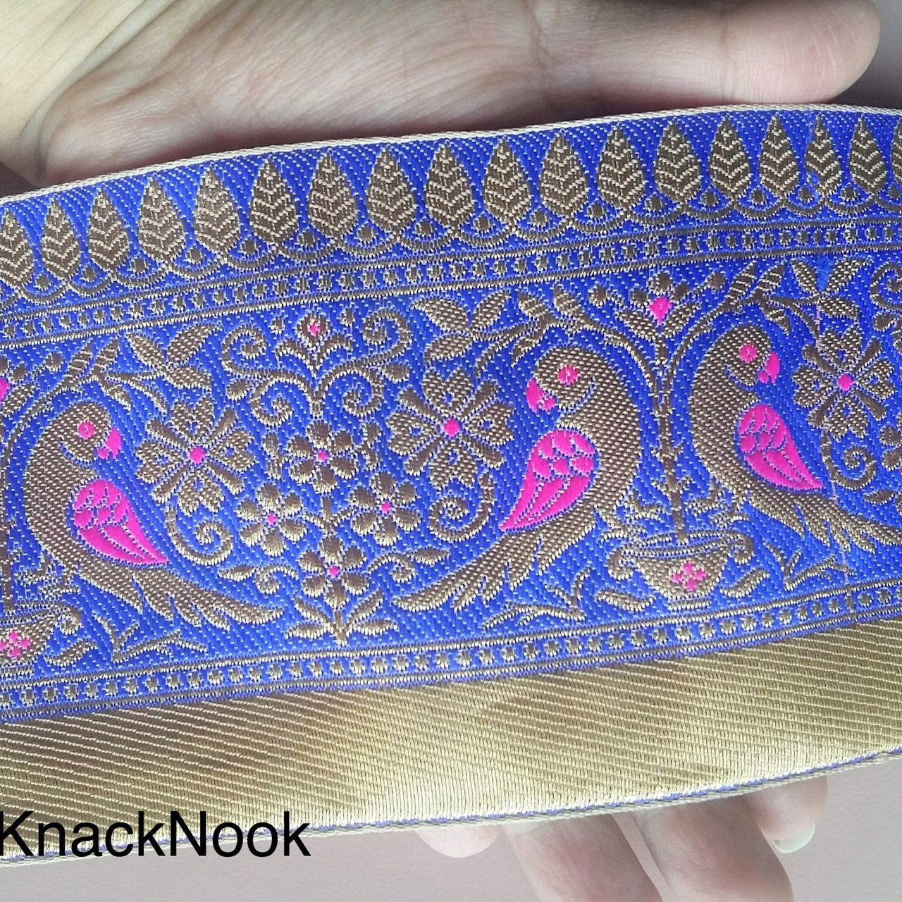 Gold, Blue And Fuchsia Pink Fabric Lace, Parrots And Floral Design Embroidery