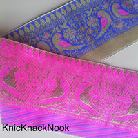 Thumbnail for Gold, Blue And Fuchsia Pink Fabric Lace, Parrots And Floral Design Embroidery