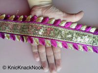 Thumbnail for Purple And Gold Silk Thread Embroidery With Gold Sequins, One Yard Lace Silk Trim, Approx. 64mm Wide