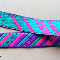 Thumbnail for Fuchsia Pink, Purple And Teal Green Stripes and Square Geometric Pattern Embroidered Trim, Approx. 20mm Wide - 200317L394