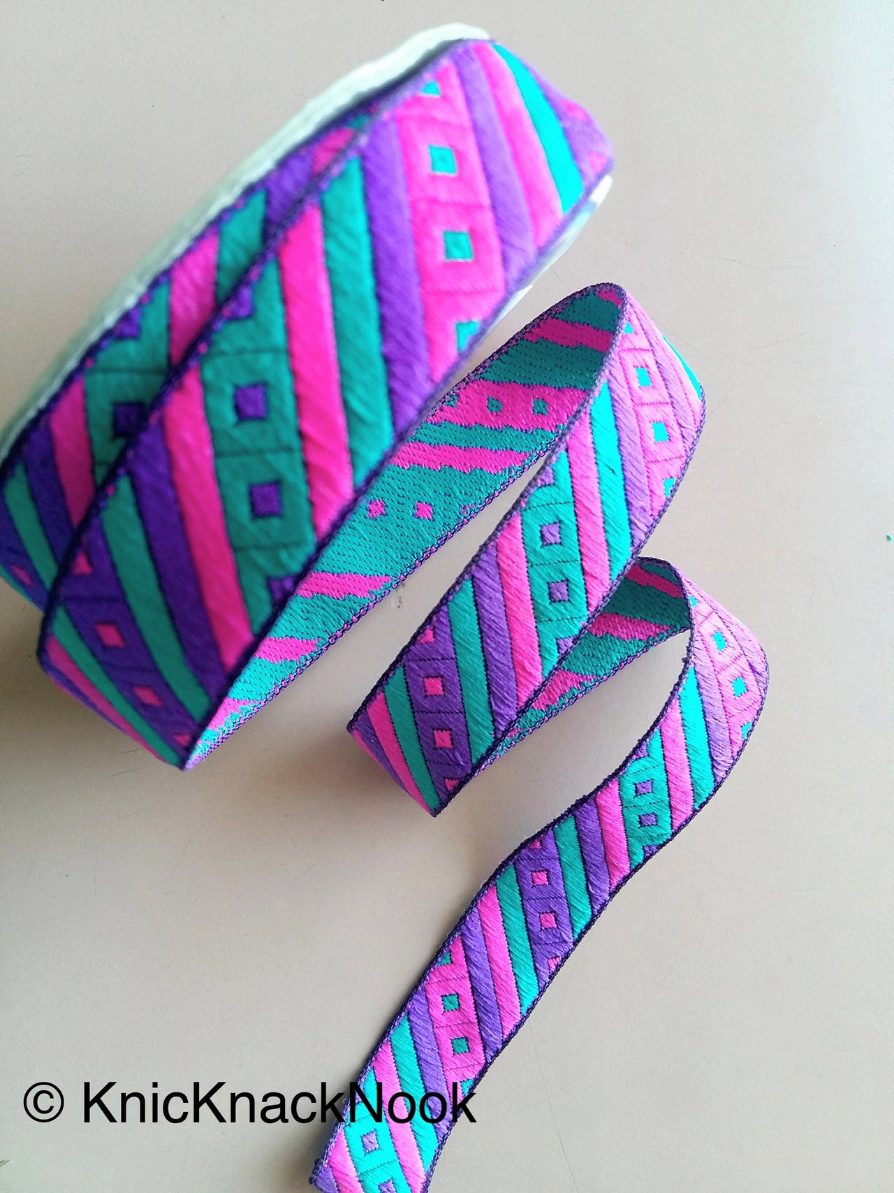 Fuchsia Pink, Purple And Teal Green Stripes and Square Geometric Pattern Embroidered Trim, Approx. 20mm Wide - 200317L394