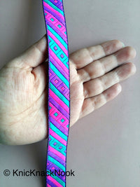 Thumbnail for Fuchsia Pink, Purple And Teal Green Stripes and Square Geometric Pattern Embroidered Trim, Approx. 20mm Wide - 200317L394