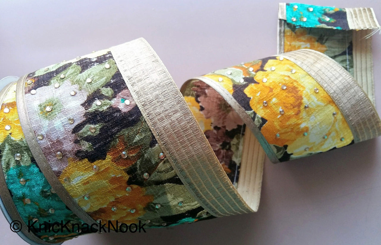 Brown And Gold Fabric Trim With Yellow, Green And Brown Floral Design Embellished With Diamantes, Digital Print Trim Border - 200317L404