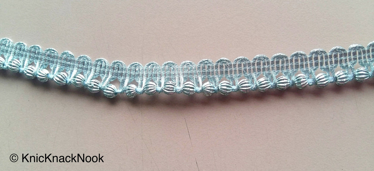 Silver Thread Woven Trim Embellished With Silver Beads, Beaded Trim, Approx. 10 mm wide - 200317L326