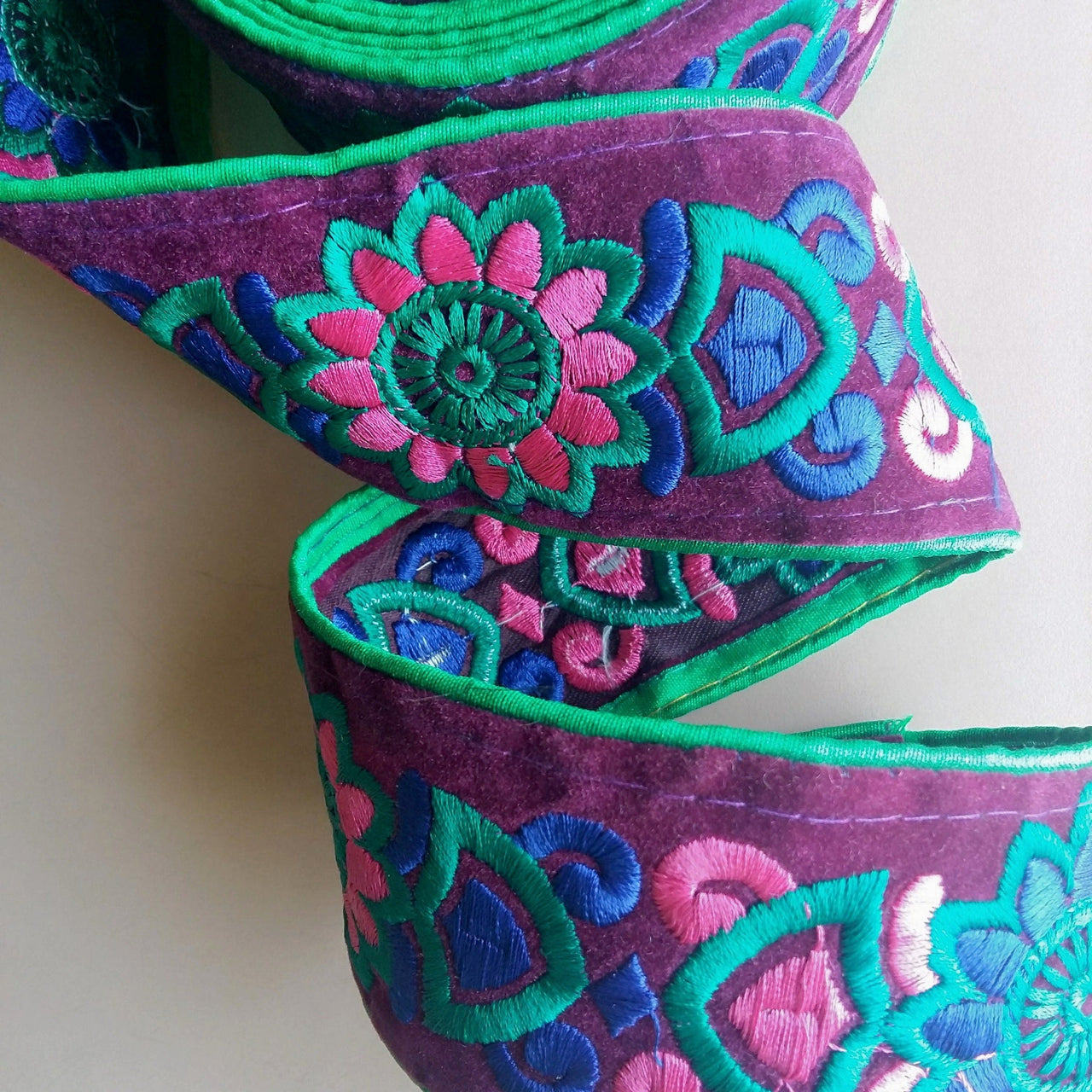 Green Fabric With Purple Velvet Trim With Green, Purple And Pink Floral Thread Embroidery, Approx. 65mm Wide - 200317L189