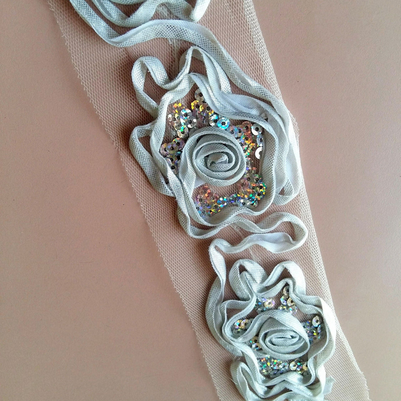 Silver Rose Lace Trim With Silver Sequins, Approx. 65mm Wide - 200317L141