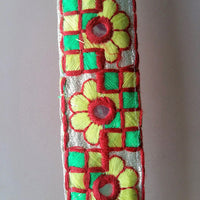 Thumbnail for Gold Mirrored Fabric Trim With Yellow, Green And Red Floral And Square Embroidery, Approx. 32mm Wide
