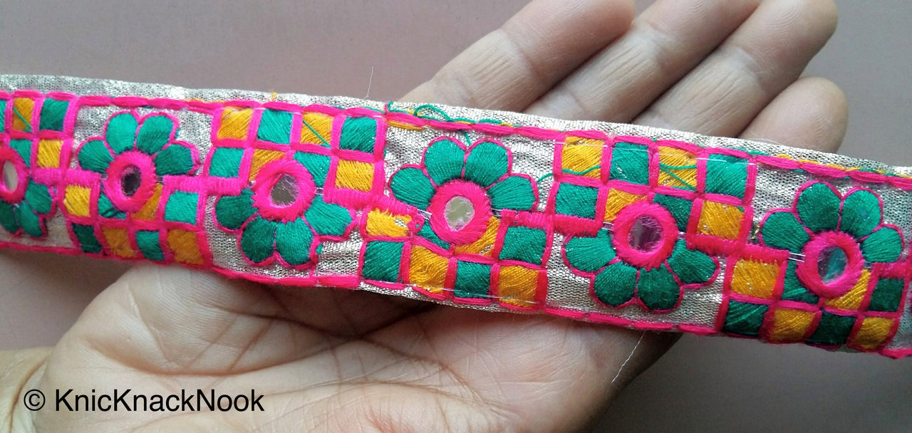 Gold Mirrored Fabric Trim With Green, Yellow And Pink Floral And Square Embroidery, Approx. 32mm Wide - 200317L198